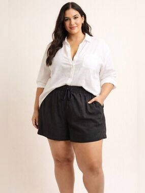 Tahari Linen Shorts Plus 2X Black Pull On Drawstring Pockets Coastal Beachy